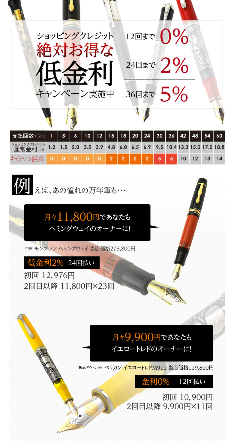 ショッピングクレジットキャンペーン12回まで0%、24回まで2%、36回まで5%